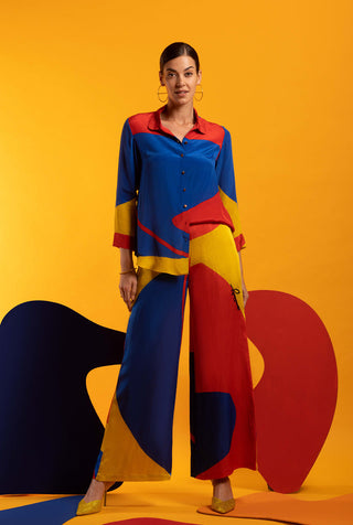 Big Mood: Women's Shirt and Pants Set in Blue, Red, and Yellow