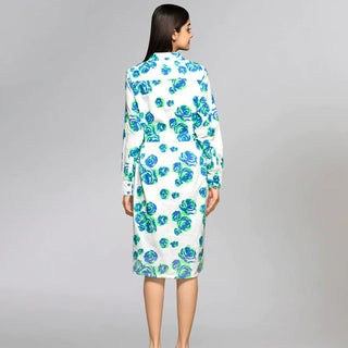 Blue and Green Rose Print Shirt Dress