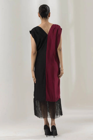 Red and black dress with a fringed hemline