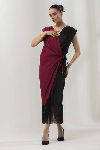 Red and black dress with a fringed hemline