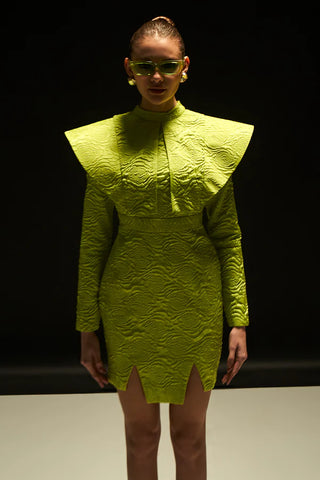 Statement Lime Dress in Embossed Silk Brocade