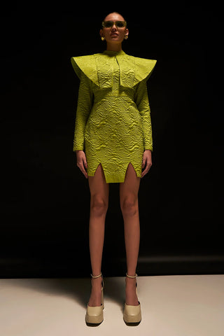 Statement Lime Dress in Embossed Silk Brocade