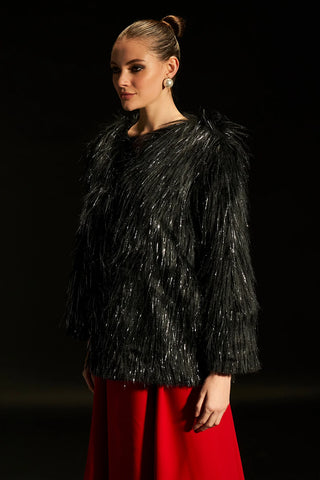 Black Lurex Fur Jacket with Sleeves