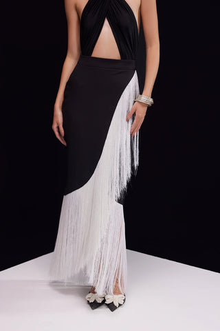 Ivory Fringe Skirt Paired with Cross-Neck Top