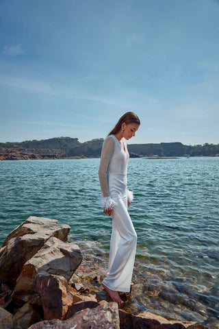 White Jumpsuit with Rhinestone and Fur Accents