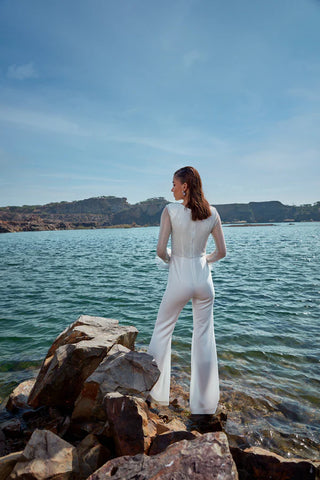 White Jumpsuit with Rhinestone and Fur Accents