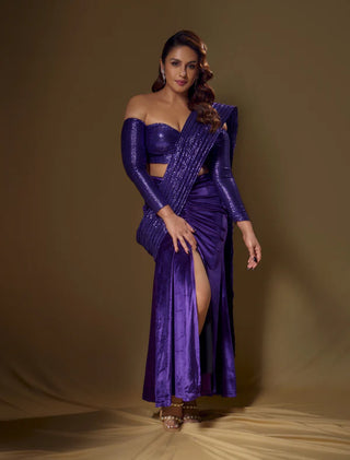 Purple Velvet Saree with Sequin Dori Drape and Slit, Worn by Huma Qureshi