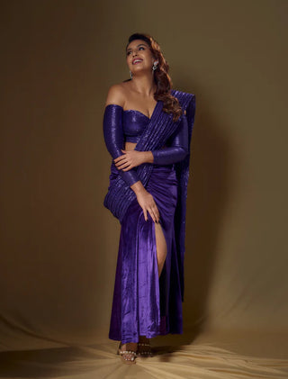 Purple Velvet Saree with Sequin Dori Drape and Slit, Worn by Huma Qureshi