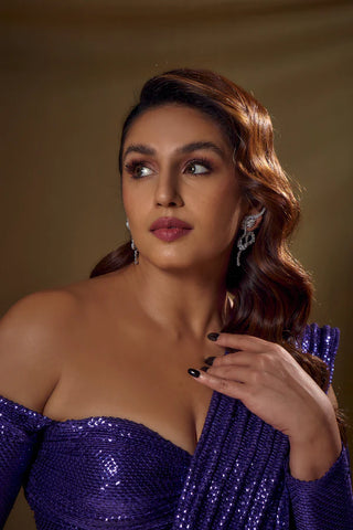 Purple Velvet Saree with Sequin Dori Drape and Slit, Worn by Huma Qureshi