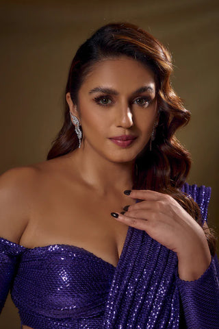 Purple Velvet Saree with Sequin Dori Drape and Slit, Worn by Huma Qureshi