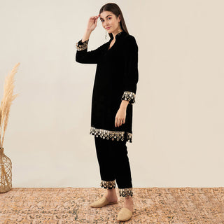 Black Silk Velvet Kurta and Straight Pants with Mirror Lace Detail Set