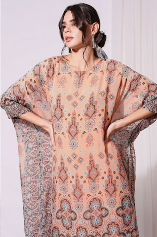 Printed Kaftaan Dress With Rushed Sleeves