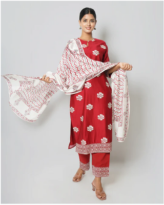 TWILIGHT LOVE FLORAL EMBROIDERED CHANDERI RED SUIT SET