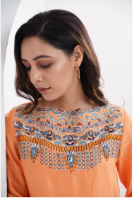 Silk Chanderi Orange embroidered kurta set
