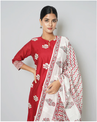 TWILIGHT LOVE FLORAL EMBROIDERED CHANDERI RED SUIT SET