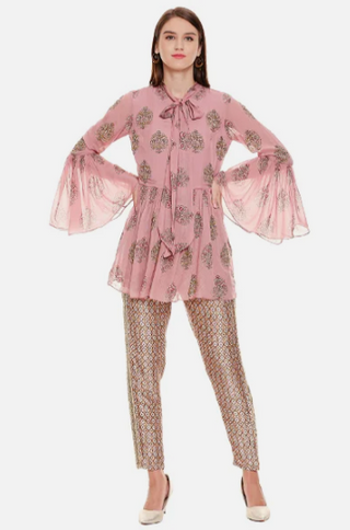 Pink Printed Top With Pants Gatheres At Waist And Bell Sleeves