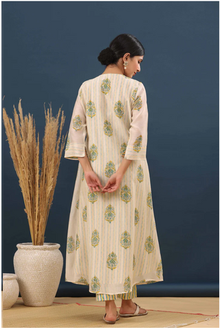 BLOOMING WHITE LAYERED CHANDERI A-LINE KURTA SET